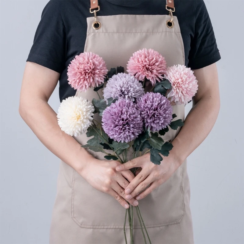 6PCS 22.2Inch Artificial Flower Balls with Leaves Bendable Silk Flower Stems For Wedding Parties Living Room Decoration 15UB