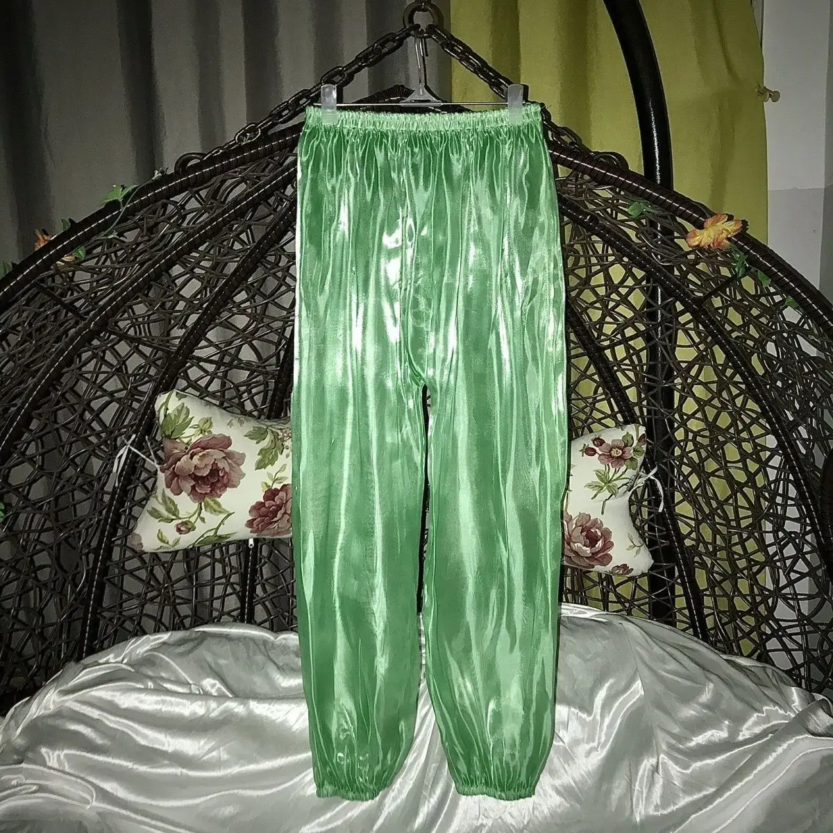 Summer plus size sleeping bottoms lantern trousers See through glossy mesh gauze pajamas pants