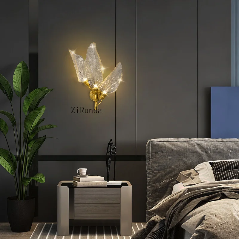 Post-modern light luxury all-copper leaf wall lamp, simple modern background wall decorative lamp, creative personality