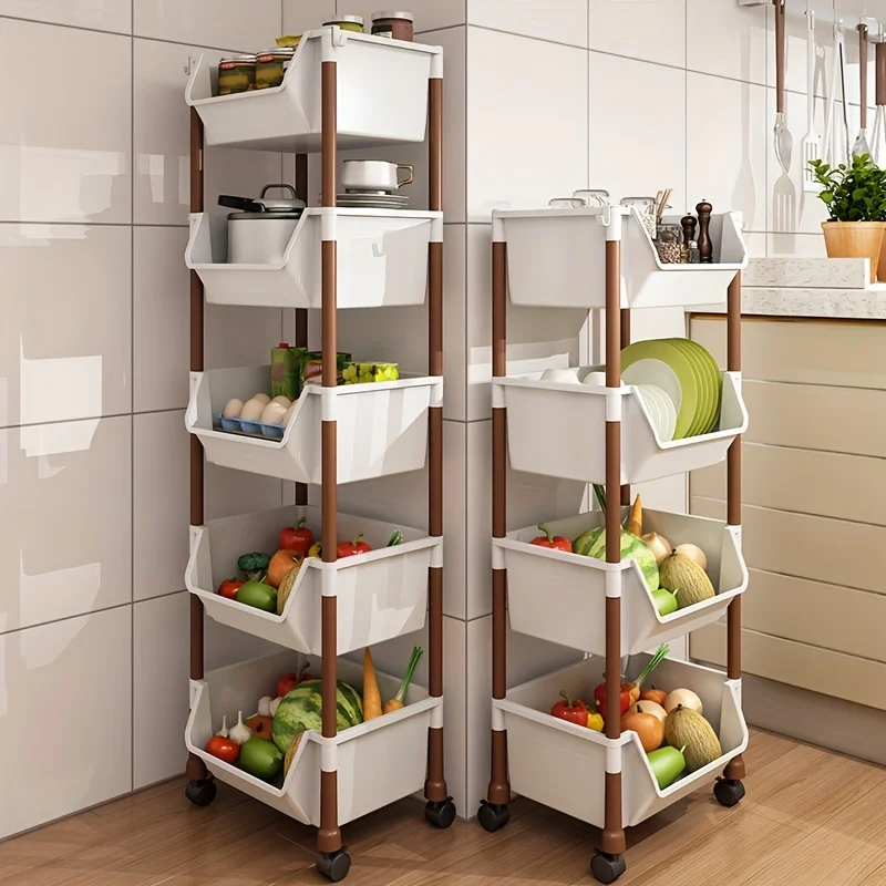 3/4/5 Tier Kitchen Storage Cart: Convenient Organization with Plastic Baskets and Wheels - Easy Assembly for Home Use