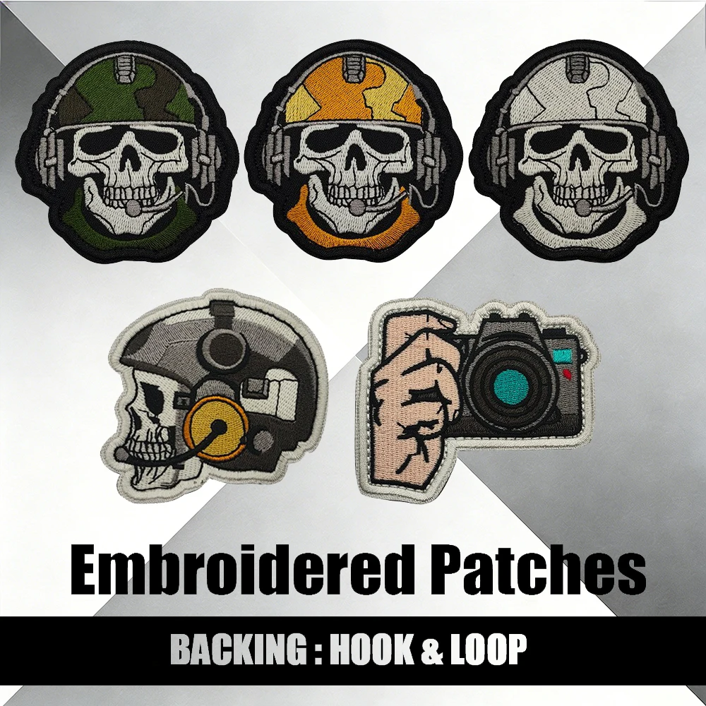 

Tactical Skull Helmet Embroidered Patches - Combat Photographer Camera Theme Patches for Tactical Vests & Gear