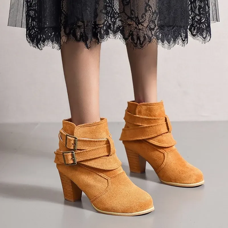 Vintage Women Ankle Boots Chunky High Heels Boots Buckle Rubber Casual Ladies Shoes Female Chelsea Short Boots Shoes Large Size