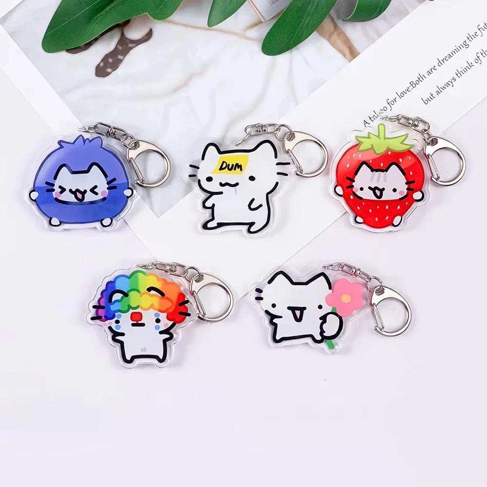 Kawaii DUM Strawberry Joker Cat Acrylic Double Layer Anime Keychain Accessories Bag Key Chain Jewelry Fans Friends Gifts