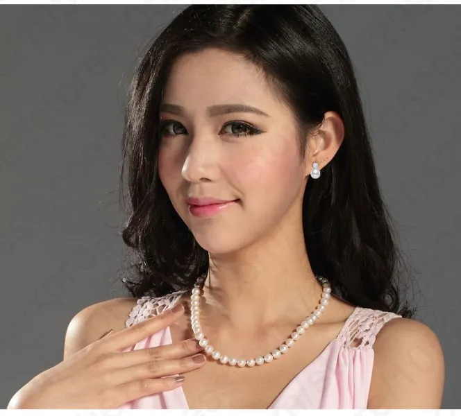 Wholesale Price Top Quality Wedding Jewelry Set Water Pearl Earrings Necklace 925 Sterling Silver Needle Pendant Necklace