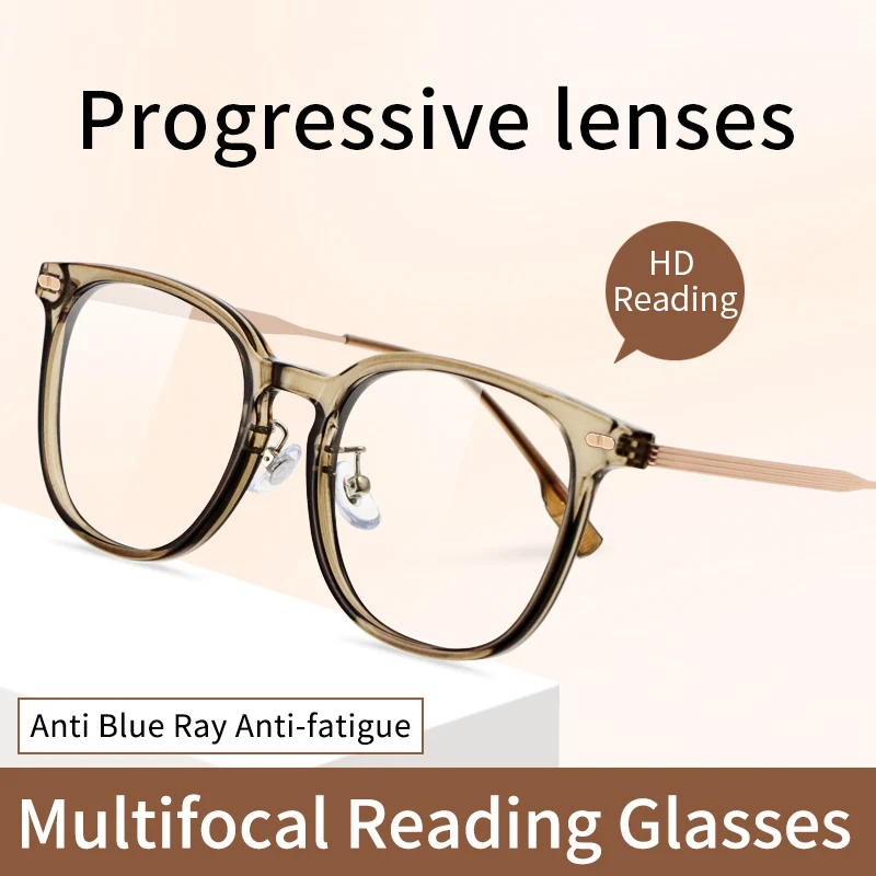 Progressive Multifocus Large Square Frame Reading Glasses Blue Light Blocking for Women Men No Line  Readers Titanium & TR90