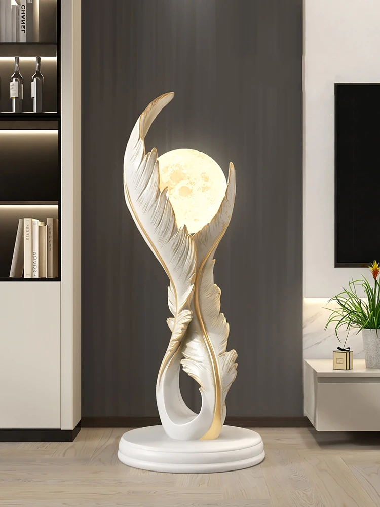 Home Decor Creative Luminous Feather Resin Statue Floor Decor Nordic Living Room Large Sculpture Art Ornaments Housewarming Gift