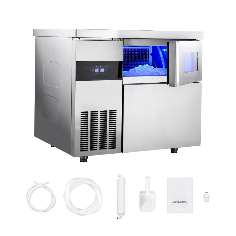 

Commercial Ice Maker Machine 220 lbs/24H Stainless Steel Ice Machine with Worktop 66 lbs Storage 108 Cubes/Cycle Self-Cleaning