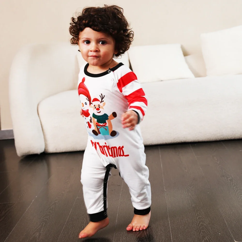 New 2024 Mother Father Kids Christmas Matching Outfits Baby Romper Cartoon Striped Pattern Pajama Sets Xmas Family Clothing Set