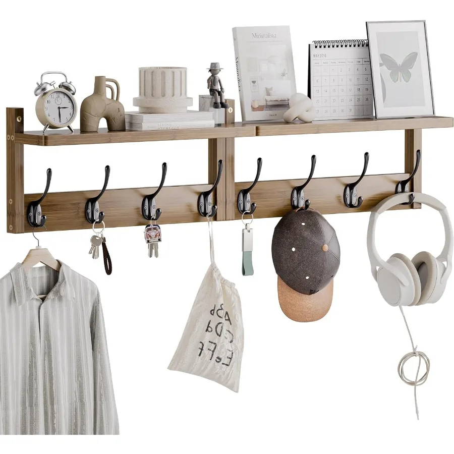 رف معطف مثبت على الحائط مع رف لتخزين المدخل، مجموعة من رفين معلقين من الخيزران مع خطافات لديكور المدخل، مثالية لـ Org #2