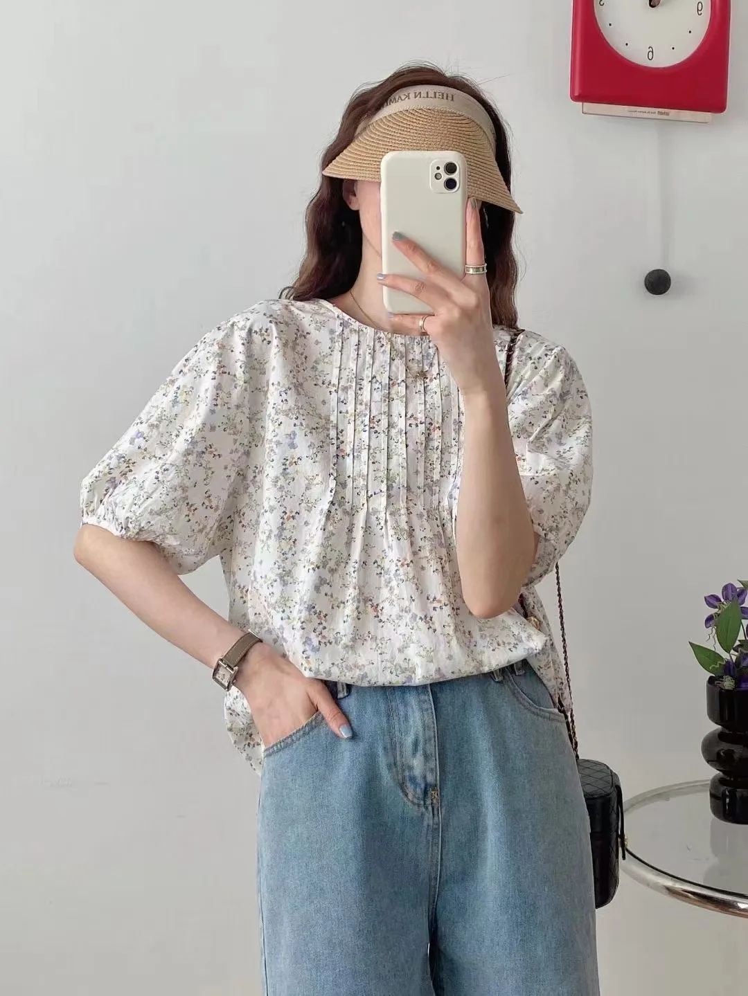 New Spring Cotton Casual Sweet Shirt Women Short Sleeve O-Neck Floral Top Girl Loose Commute OL Blouses 2024 Summer T45820QM