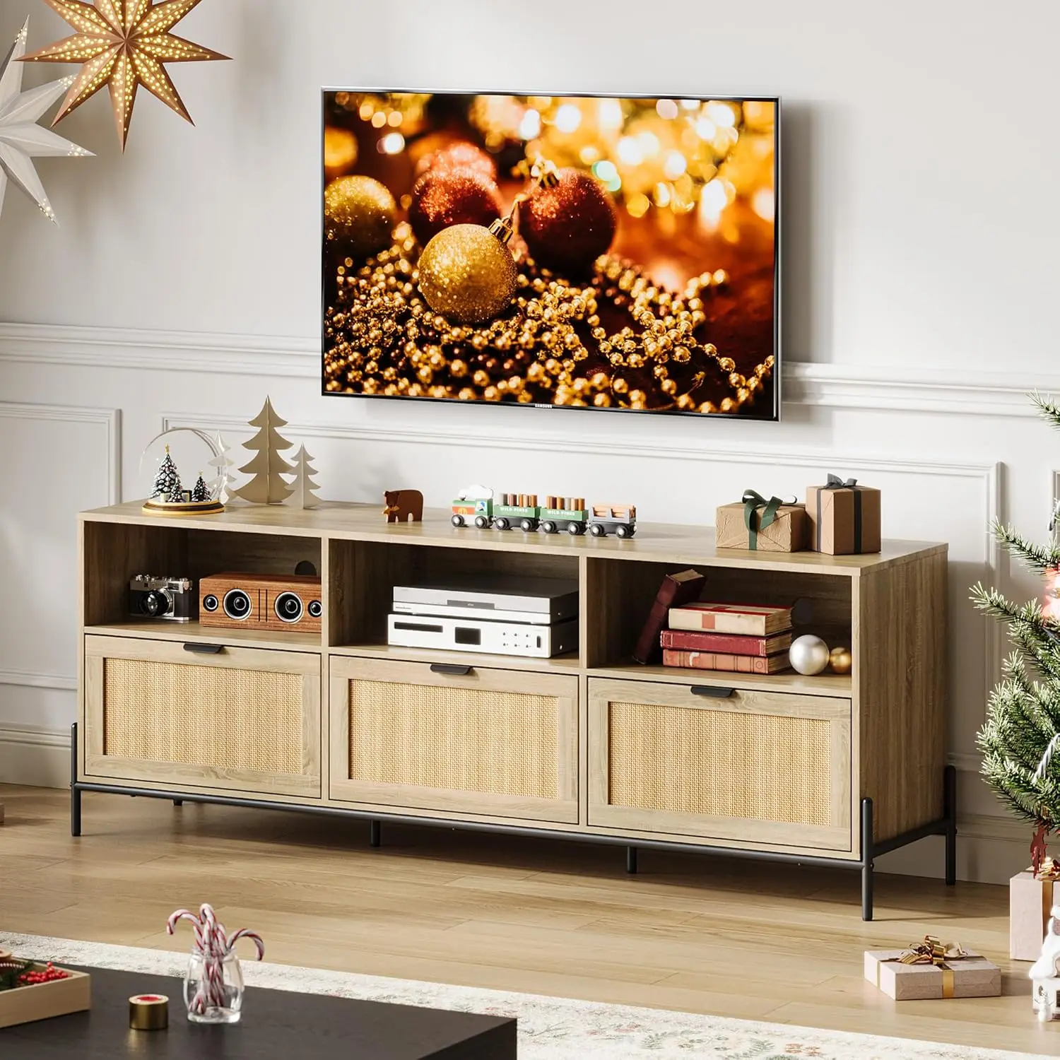 

TV Stand for 75 inch TV, Entertainment Center with Storage,65 Inch TV Console Table with 3 Drawers, Rattan Media Console Cabinet