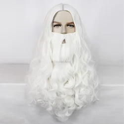 1 Beard+White Curly Synthetic Santa Claus Cosplay Wig for Halloween Christmas School Thanksgiving Day Party Wig