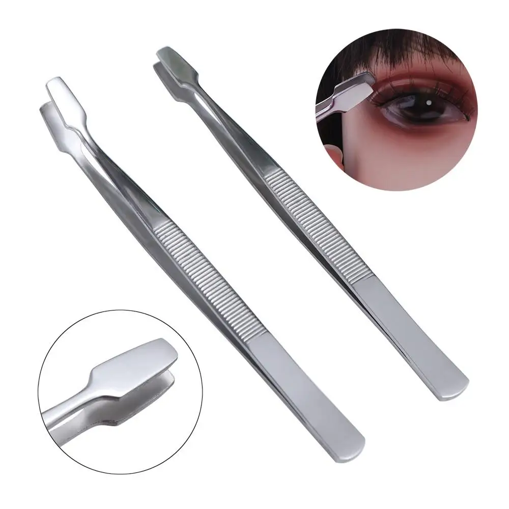Stainless Steel Flat Mouth Eyelashes Tweezers Professional Straight/Elbow Eyebrow Pliers Beauty Eyelash Extension