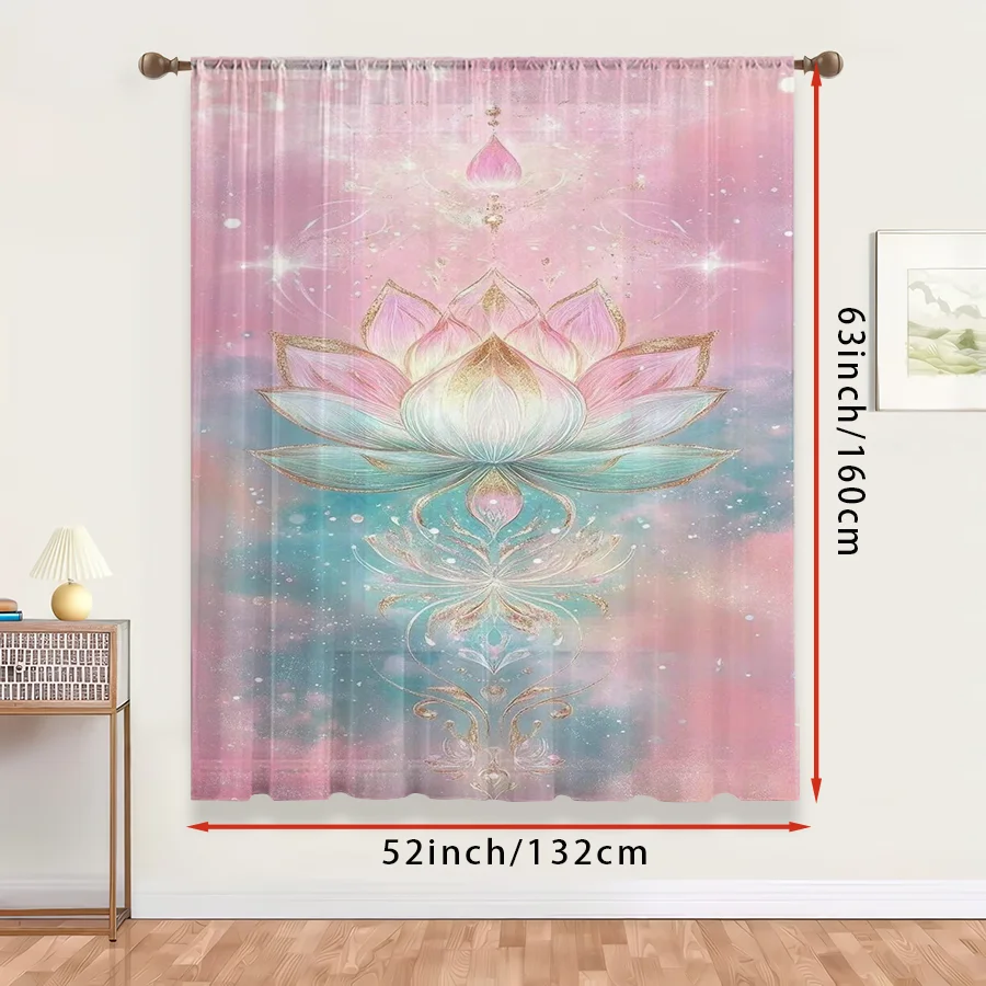 1PC Sheer Curtain Golden Lotus Mandala Pink Blue Print, Rod Pocket Window Curtain for Living Room Bedroom Zen Decor