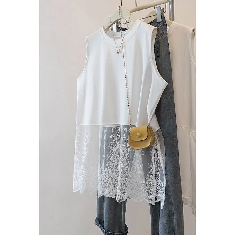 Elegant Vests O-neck Loose Casual French Style Sleeveless Lace Mesh Splicing Hem T-Shirts 2026 New Summer Sale Women Clothing
