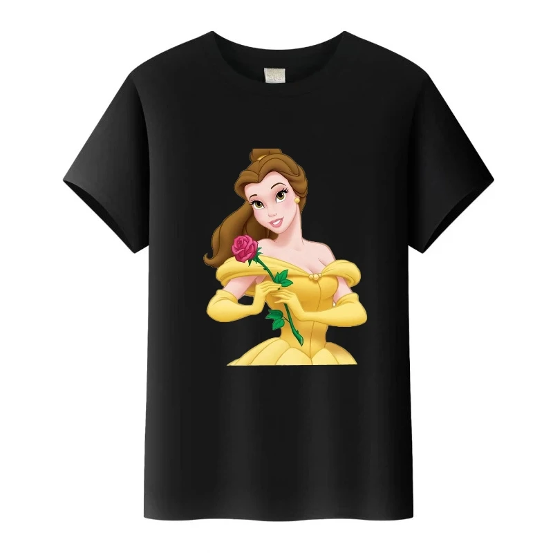 

Модная женская футболка принцессы Диснея «Красавица и Белль», футболки в стиле Харадзюку для девочек, детский топ с круглым вырезом, мужская блузка, семейная черная футболка