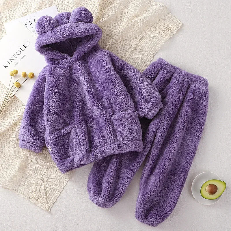 1-4 Years Baby Boy Girl Clothes Pajamas Set Flannel Fleece Infant Toddler Child Warm Hooded Sleepwear Home Suit Winter Autumn