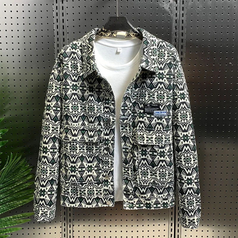 

Autumn Print Casual Work Jacket For Men Slim Denim Coat With Colorful Collar
