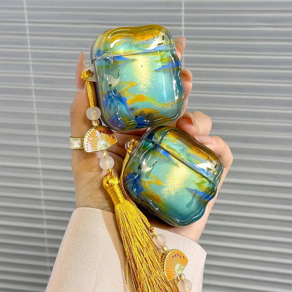 Image of Chinesischer Stil Kranich-Landschaftsmalerei Quastenanhänger Klare Silikon-Kopfhörerhülle für AirPods 4 1/2 Pro/Pro 2 Pro 3 Weiche Schutzhülle