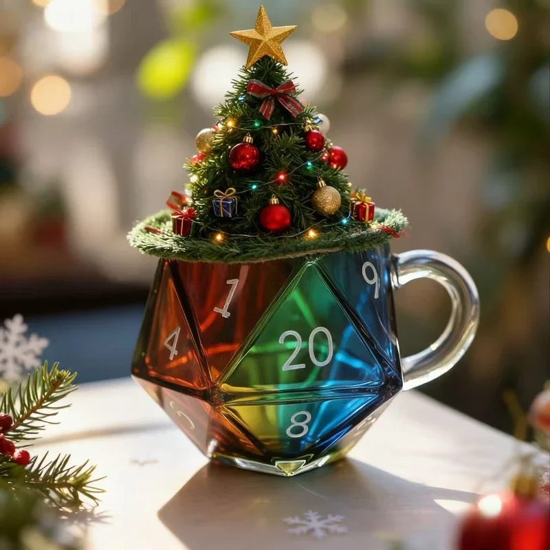 Polyhedral Dice Glass Mug with Handle, Fantasy Game Night Coffee Cup, Unique Gift for Tabletop Game Lovers