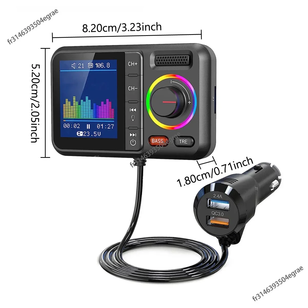 جهاز إرسال FM لاسلكي مع شاشة ملونة كبيرة 2.4A QC3.0 مزدوج USB شحن سريع حر اليدين مكالمة سيارة AUX محول مشغل موسيقى MP3