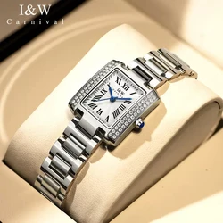 Carnival High-End Series IW Brand Fashion Small Dial Square Quartz Watch for Women's Stainless Steel Silver Classic Women Watch