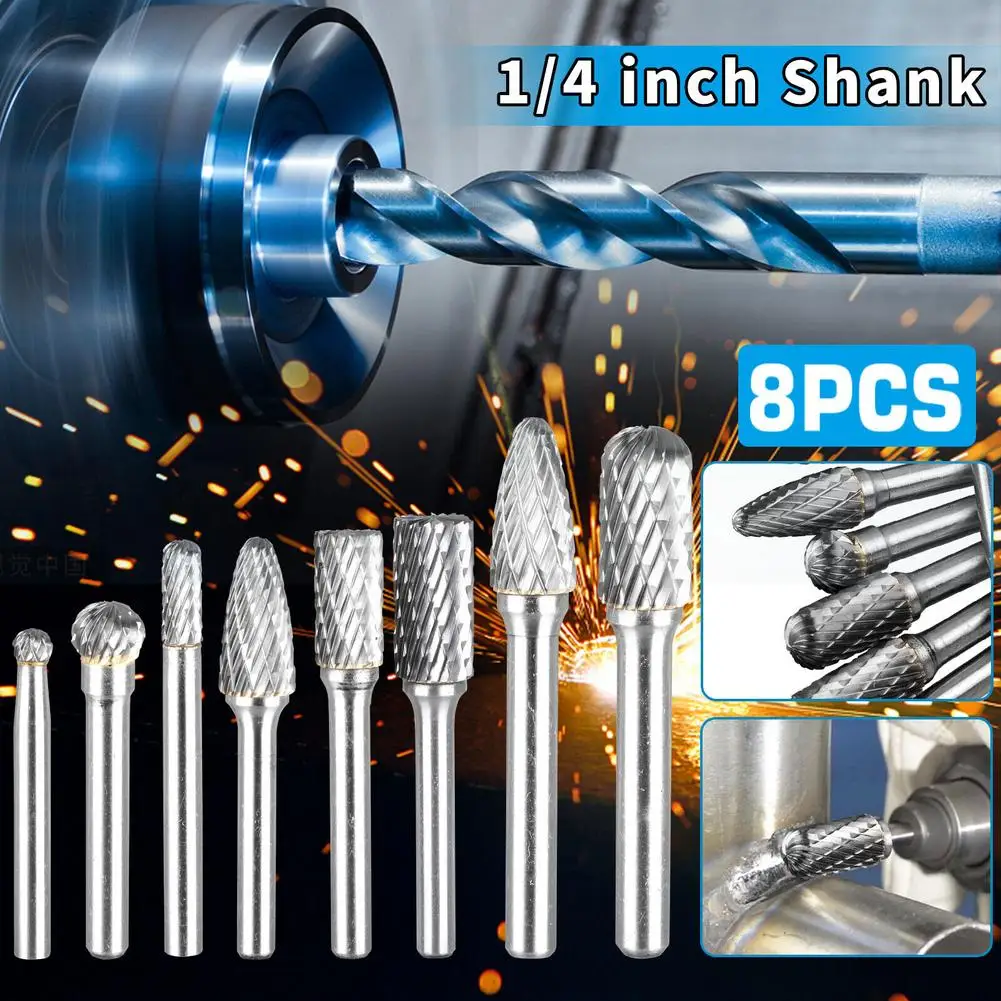 

8pcs 8mm Rotary Burr Head Set High Precision 1/4" Shank Die Grinder Drill Bits For Machinery Automobiles Ships