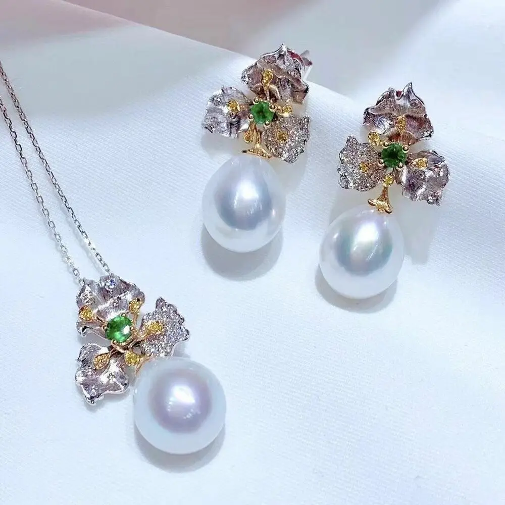 

elegant set of 11-13mm south sea baroque white pearl pendant &earring 925s gift