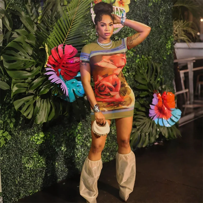 Women 2025 Summer Floral Print Sheer Mesh Sexy Mini Party Dress Short Sleeve O Neck Perspective Night Club Dress Ladies Clothing