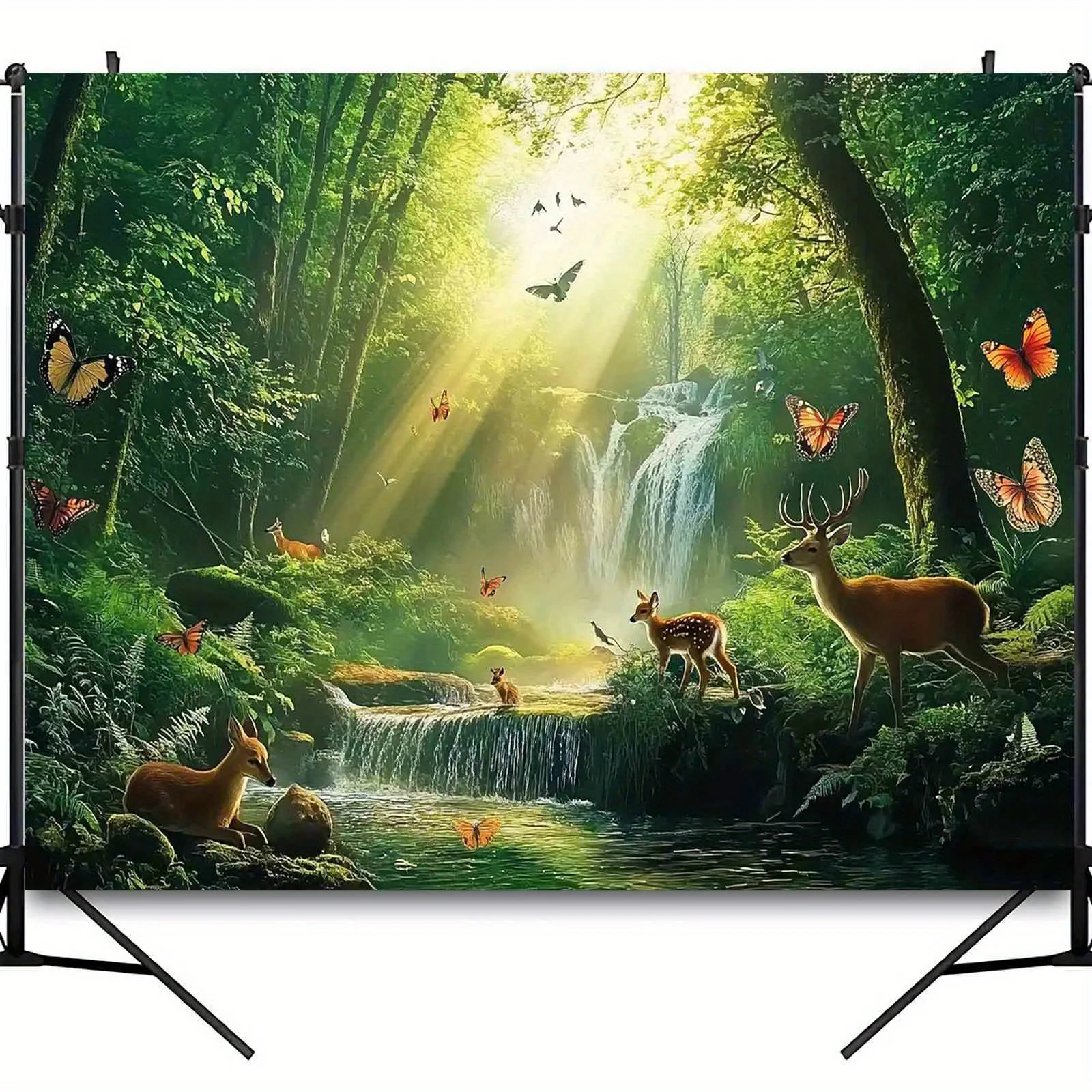 2D Flat, 1pc Large Forest Jungle Wall Mural Banner with Deer, Butterflies & Deer - Lush Green Trees, Waterfall & Foliage - Self-