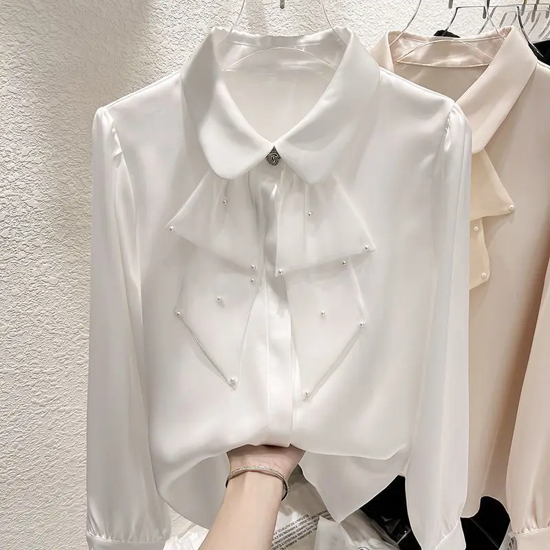 

2025 New Lapel Neck Ruffles Shirt Korean Vintage Elegant Blouses for Women Fashion Spring Autumn Chiffon Tops Mujer