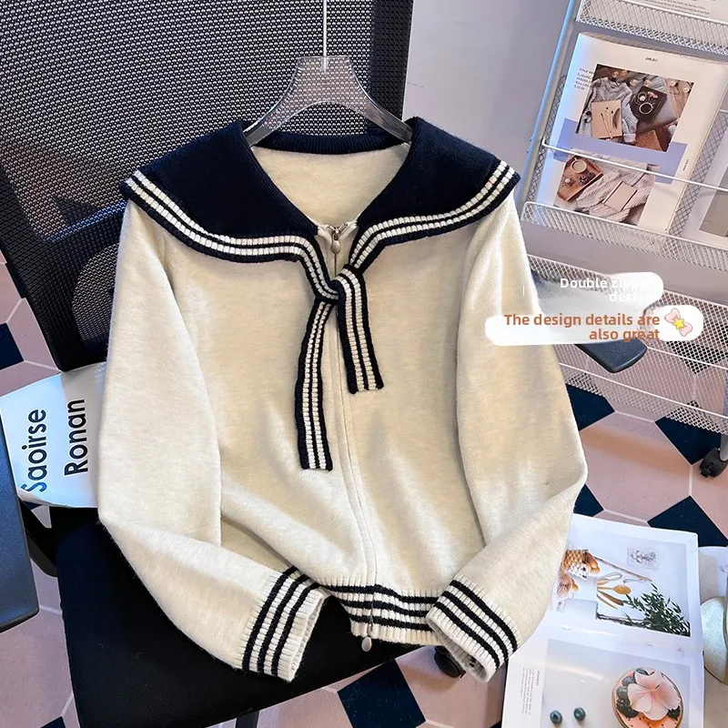 

Вязаный свитер с воротником темно-синего цвета на молнии, женский осенне-зимний ленивый топ, красивый топ, мягкий средний нейлон, смесь спандекса