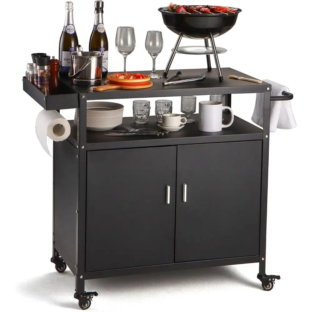 Carrito de Barbacoa Portátil para Exteriores con Superficie Plegable de Acero Inoxidable y Gabinete de Almacenamiento, Negro (34.6 x 17.7 x 34.6 Pulgadas)