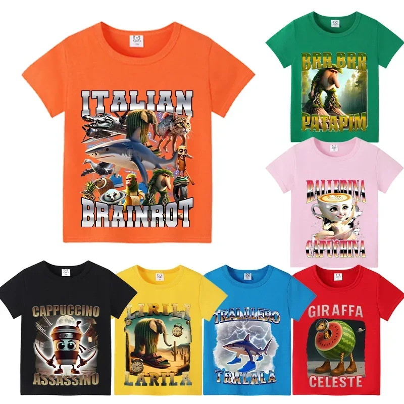 

Italian Brainrot Animals Kids Cotton T-shirt Tung Tungtung Sahur Tops Tralalers Funny Shark Tees Summer Boy Girls Clothes Gifts