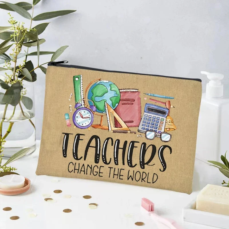 Teacher Change The World Linen Pouch Travel Toiletry Organizer Back To School Teacher Gift Cosmetic Bag Women Neceser Makeup Bag