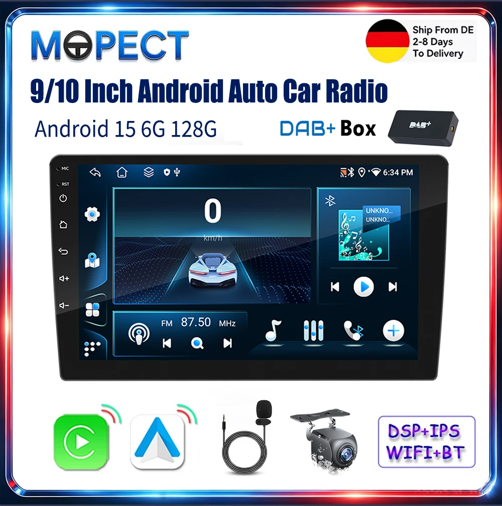 MOPECT 9/10 Zoll Autoradio 6+128GB Universelles Kabelloses Carplay Android Auto Wifi GPS Multimedia Bluetooth IPS Touchscreen Stereo