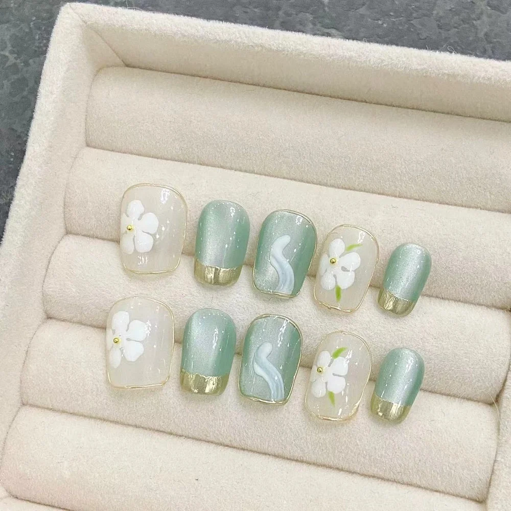 Handmade Short Press on Nails Cute Flowers Design Round Head Partysu Fake Nail Acrylic Nail Tips Manicure Desired Life Store