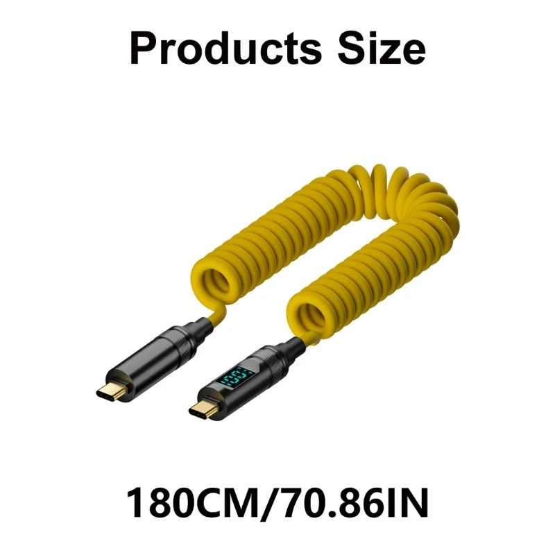 100W USB C to USB C Spring Cable 1.8M with Digital Display for OTG, 8K Video, Headphones, HDD Enclosure