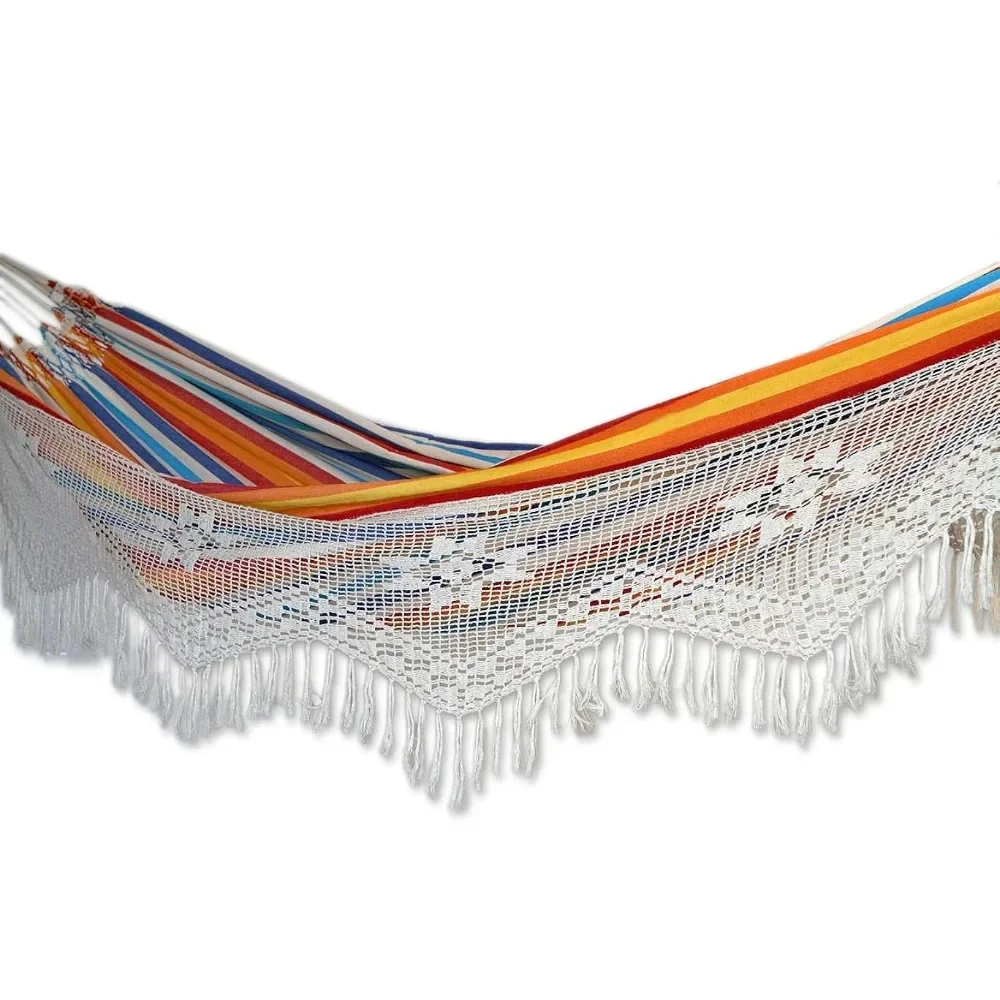 

Multi-Color Striped Cotton 2 Person Hand Woven Hammock With Crochet Fringe Camping Festive Brazil' (Double) Freight Free Outdoor