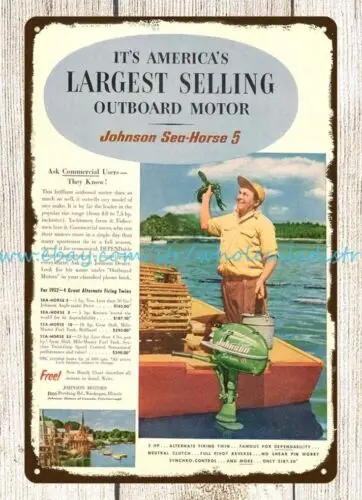 1952 Waukegan IL Johnson Outboard Motor Lobster Fishing metal tin sign wall art