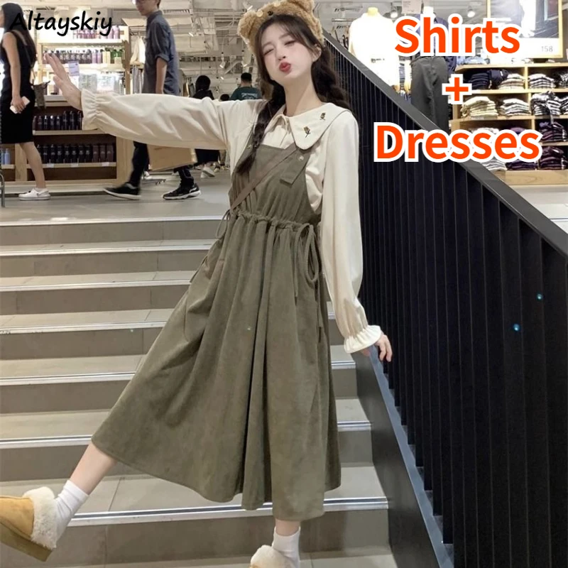 

Two Piece Sets Women Lovely Vintage Corduroy Straps Dress Sweet College Long Sleeve Shirts Harajuku Autumn Spring Fashion Youths