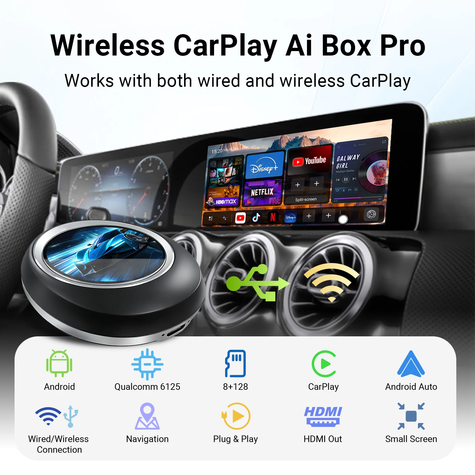 

8GB+128GB CarPlay AI Box for Wired and Wireless CarPlay System for BMW Android 13, Dual WiFi, Support 4G Sim Card HDMI output
