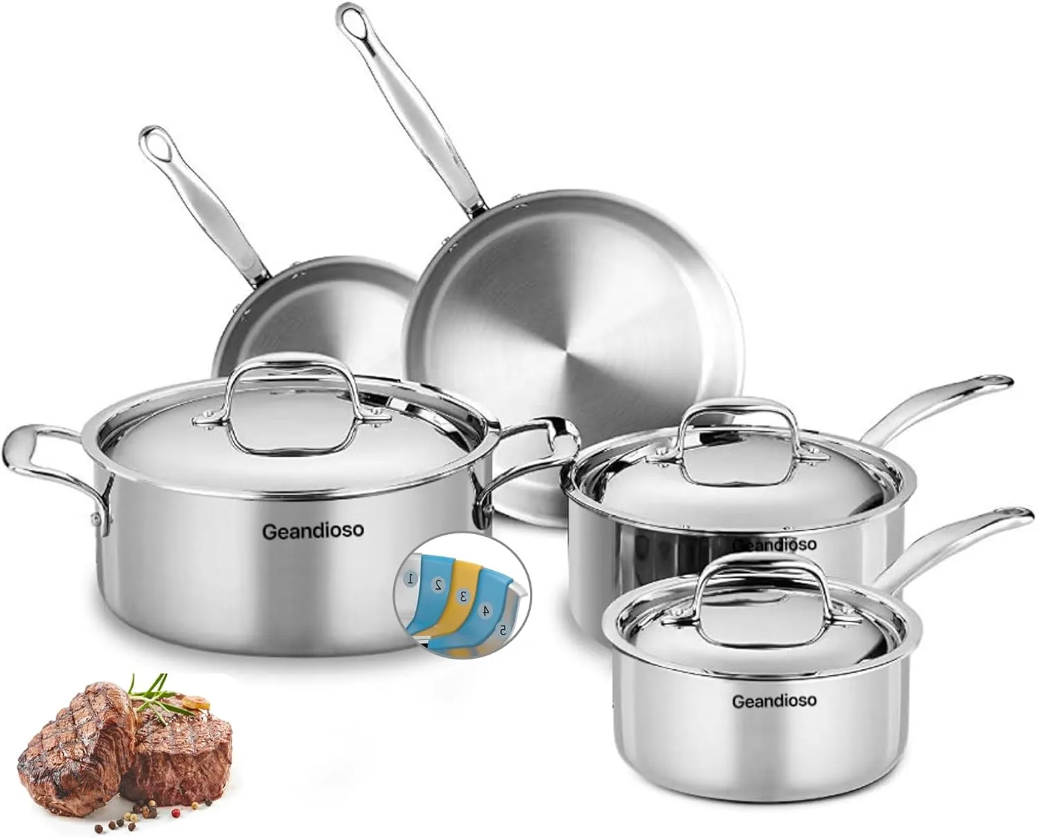 

5-Ply Stainless Steel Cookware Set, 8-Piece Induction Compatible, Oven Safe