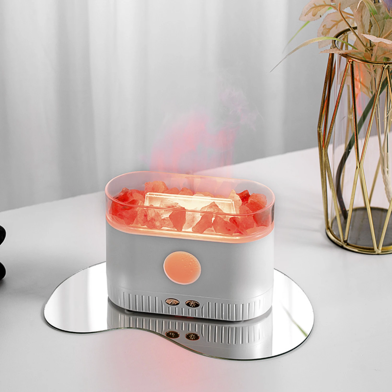 Diffuser Air Humidifier Ultrasonic Cool Mist Maker Fogger LED Essential Oil 3D Effect Flame Lamp with Himalayan Salt