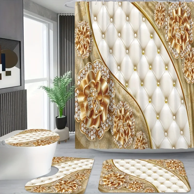 4pcs Pearl Diamond Flower Pattern Shower Curtain Set, Waterproof Bathroom Partition Curtain With Hooks, Non-Slip Bath Rug, T