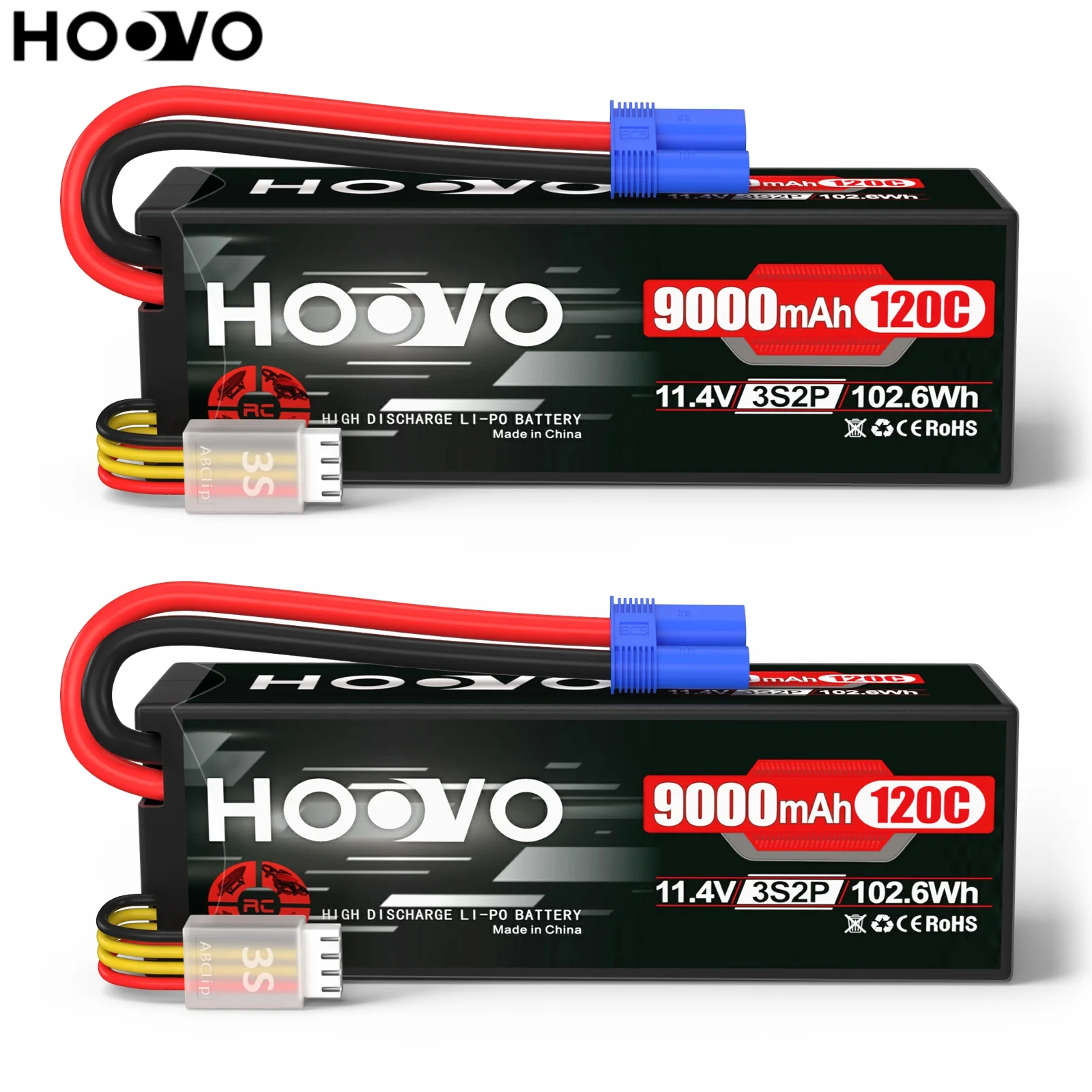 HOOVO 2Pcs Lipo Battery 3S 11.4V 9000mAh 120C High Voltage Battery Hard Case EC5 Plug for RC Cars Boats Trucks Drones Vehicles