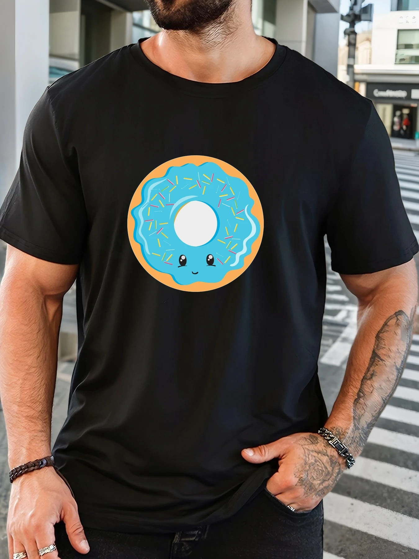 Men Yellow Crew Neck Tee Cute Blue Glaze Donut Cartoon With Color Sprinkles Sweet Dessert Soft Cotton Male Casual Short Tops