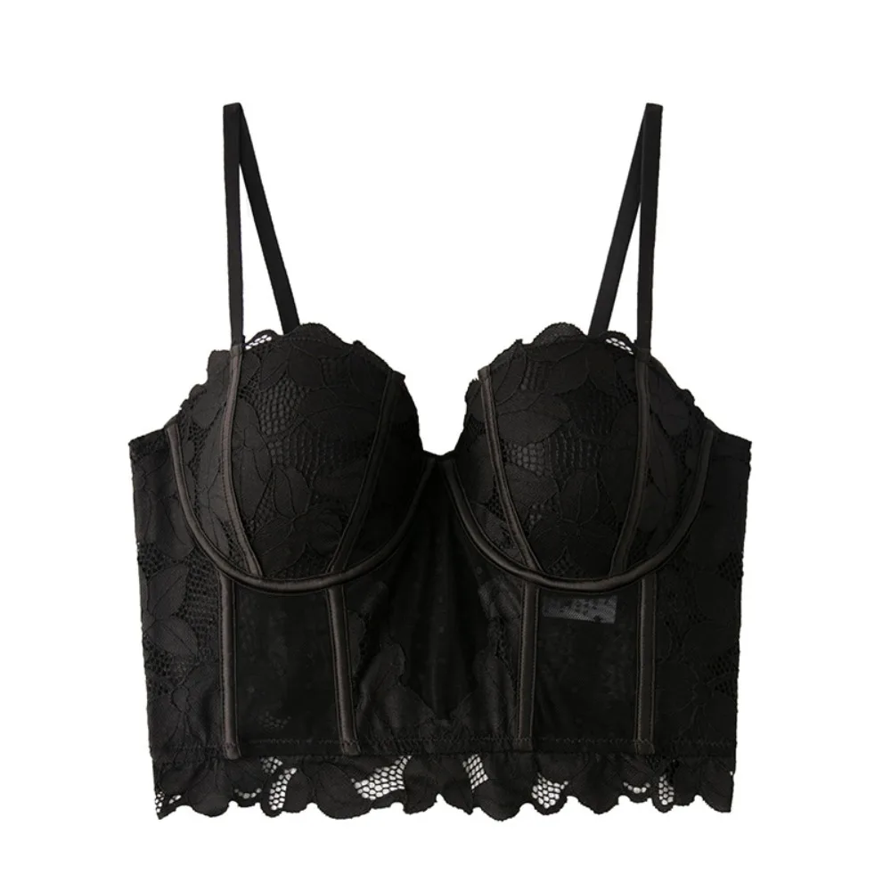 

Elegant Mesh Dot Lace Flower Camisole Transparent Ruffle Slim Crop Tops Suspender Vest Sleeveless Lace Corset Spring Summer