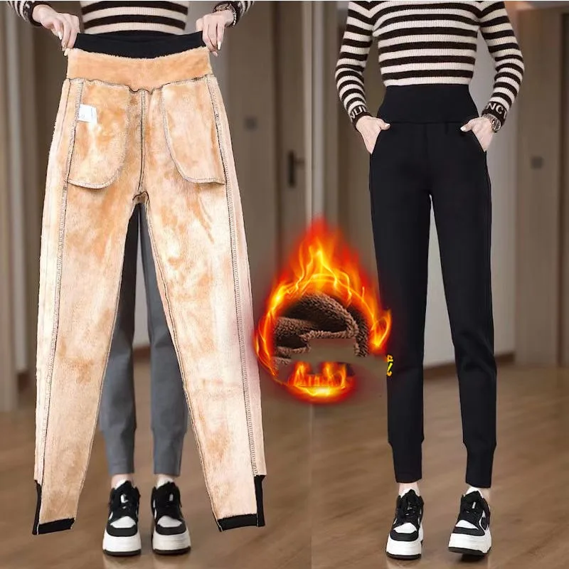 Women's Autumn Winter Drawstring Pockets Flocking Elastic High Waist Solid Casual Sports Haren Loose Trousers Fashion Pants