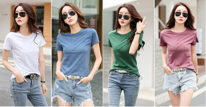 AOSSVIAO 2026 Summer Solid Color Women's T-Shirts Slub Cotton O-Neck Short Sleeve T-Shirt Loose Casual Simple Button Basic Top
